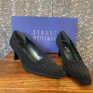 Stuart Weitzman‎ Black Plisse Kitten Heel Sophia Pump In Box Career Women's 6.5
